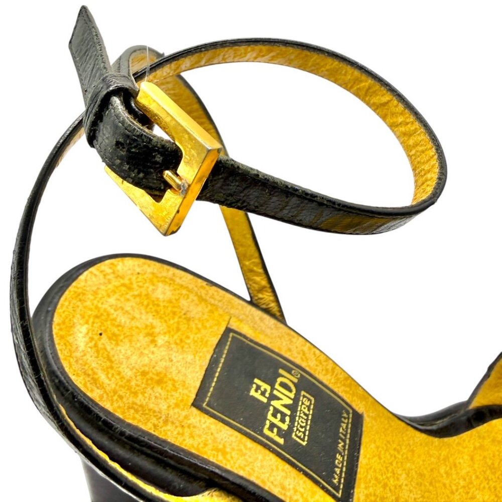 Fendi FF Logo Black Leather Ankle Strap Heels Sandals IT 36 Gold Silver Hardware - Picture 7 of 11